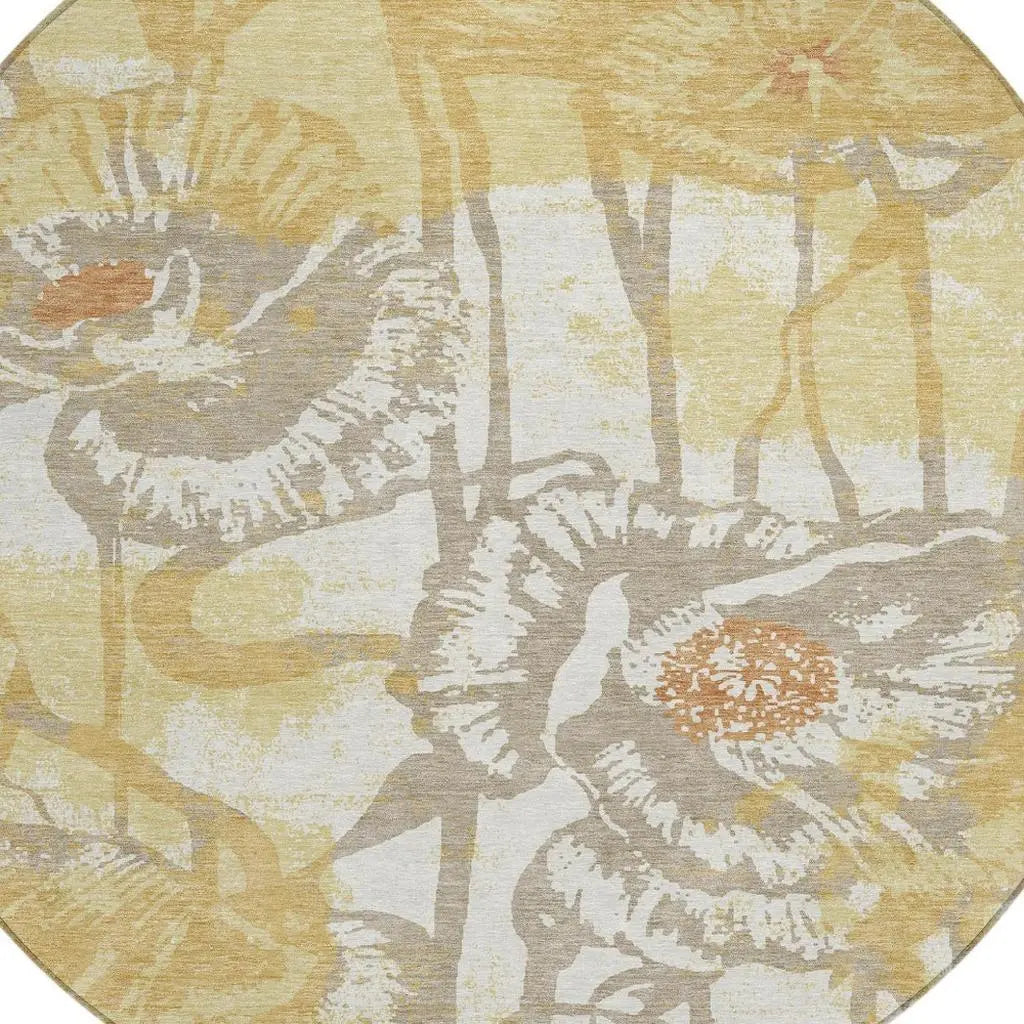 8' Wheat And Gold Round Floral Washable Indoor Outdoor Area Rug Homeroots Outdoor