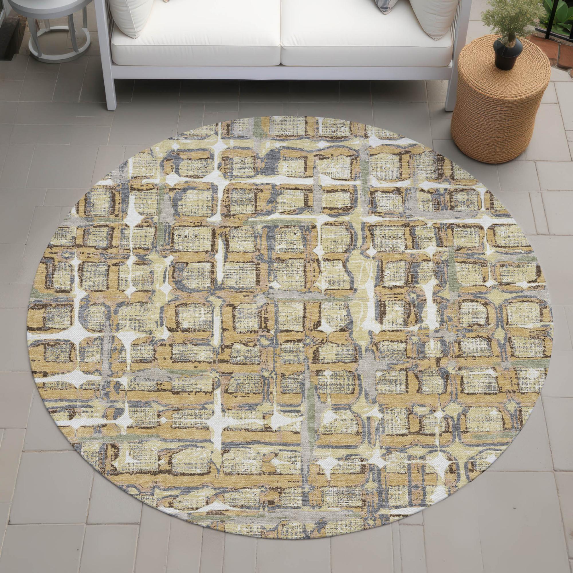 8' Wheat And Gold Round Geometric Washable Indoor Outdoor Area Rug Homeroots Outdoor