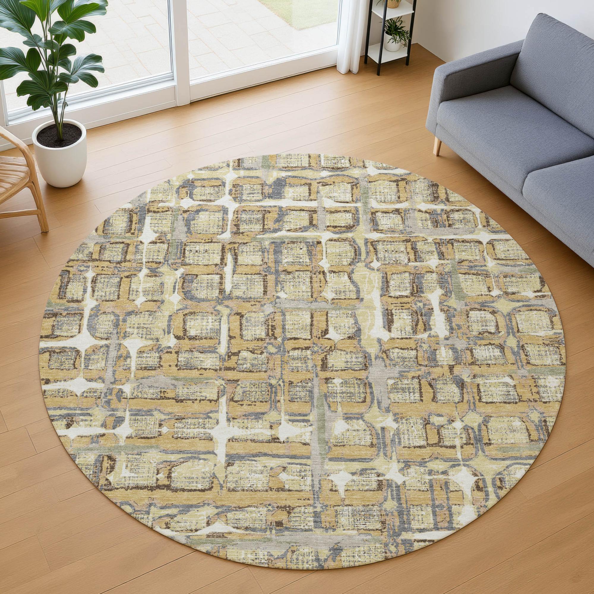 8' Wheat And Gold Round Geometric Washable Indoor Outdoor Area Rug Homeroots Outdoor