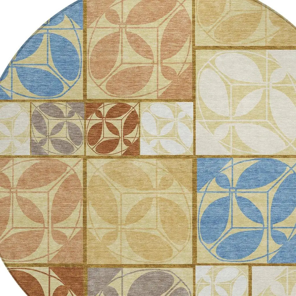 8' Wheat And Gold Round Geometric Washable Indoor Outdoor Area Rug Homeroots Outdoor
