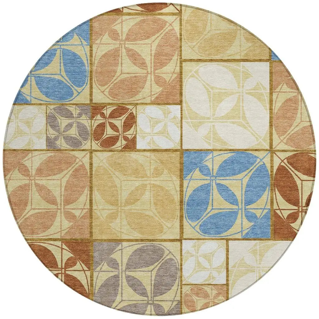 8' Wheat And Gold Round Geometric Washable Indoor Outdoor Area Rug Homeroots Outdoor