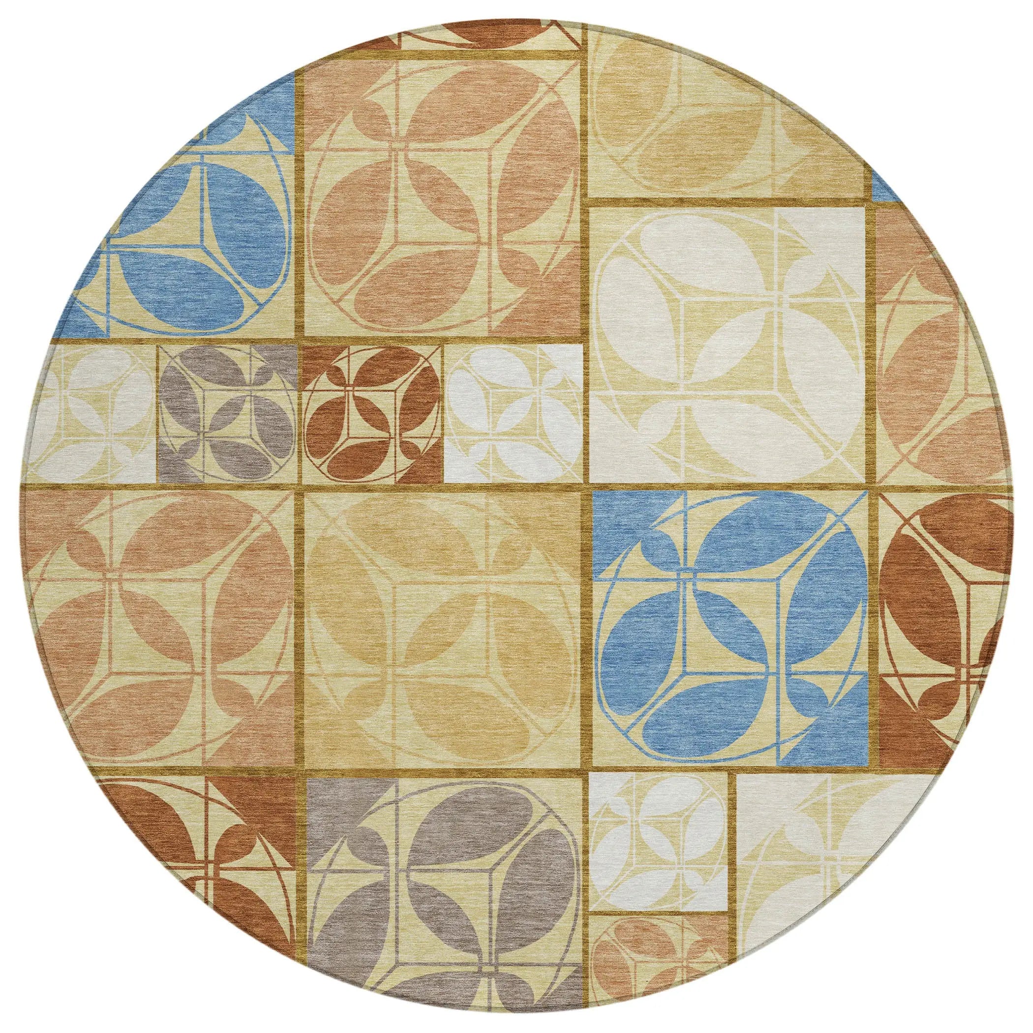 8' Wheat And Gold Round Geometric Washable Indoor Outdoor Area Rug Homeroots Outdoor