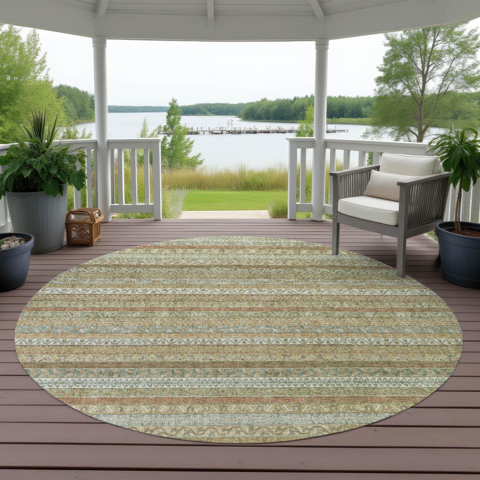 8' Wheat And Gold Round Striped Washable Indoor Outdoor Area Rug Homeroots Outdoor