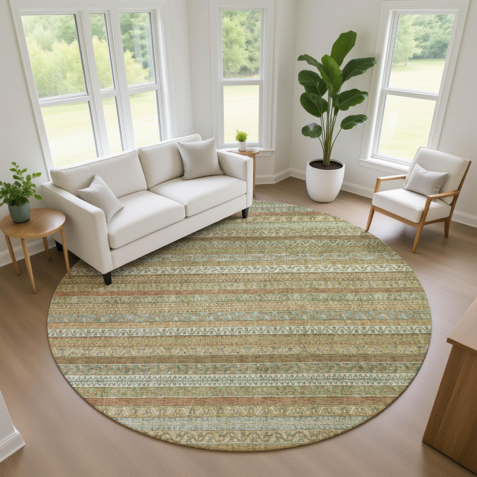8' Wheat And Gold Round Striped Washable Indoor Outdoor Area Rug Homeroots Outdoor