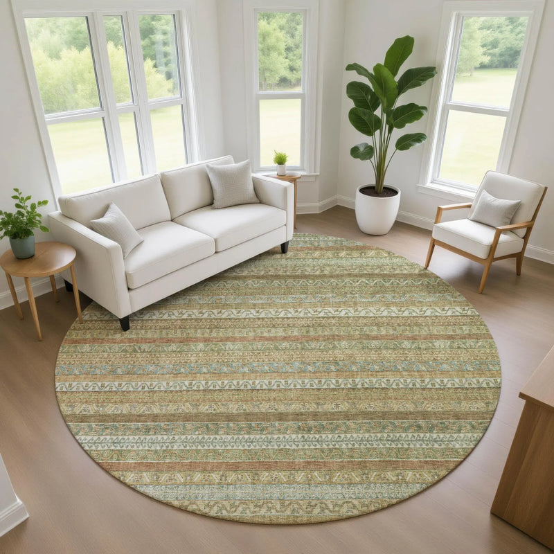 8' Wheat And Gold Round Striped Washable Indoor Outdoor Area Rug Homeroots Outdoor