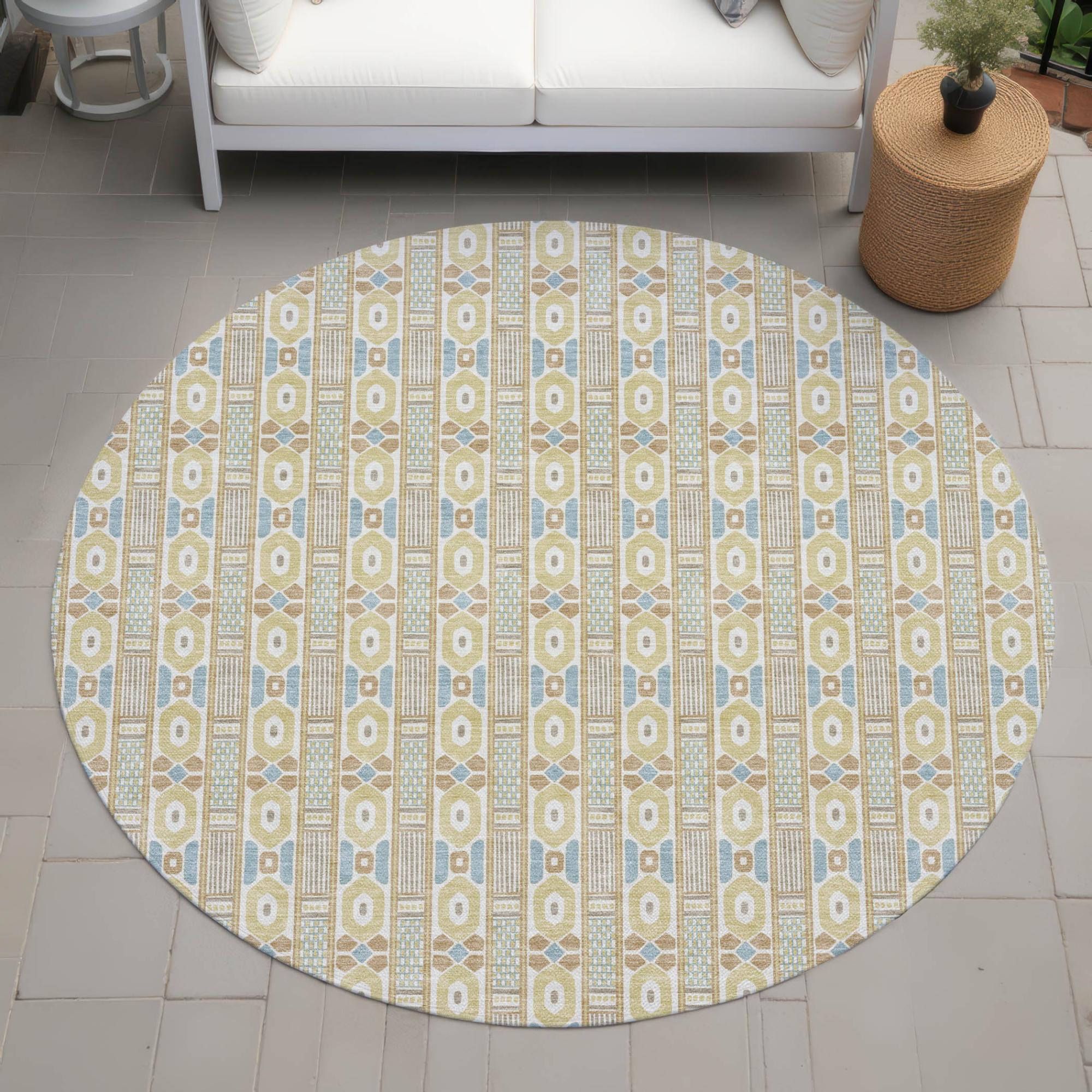 8' Wheat And Gold Round Striped Washable Indoor Outdoor Area Rug Homeroots Outdoor
