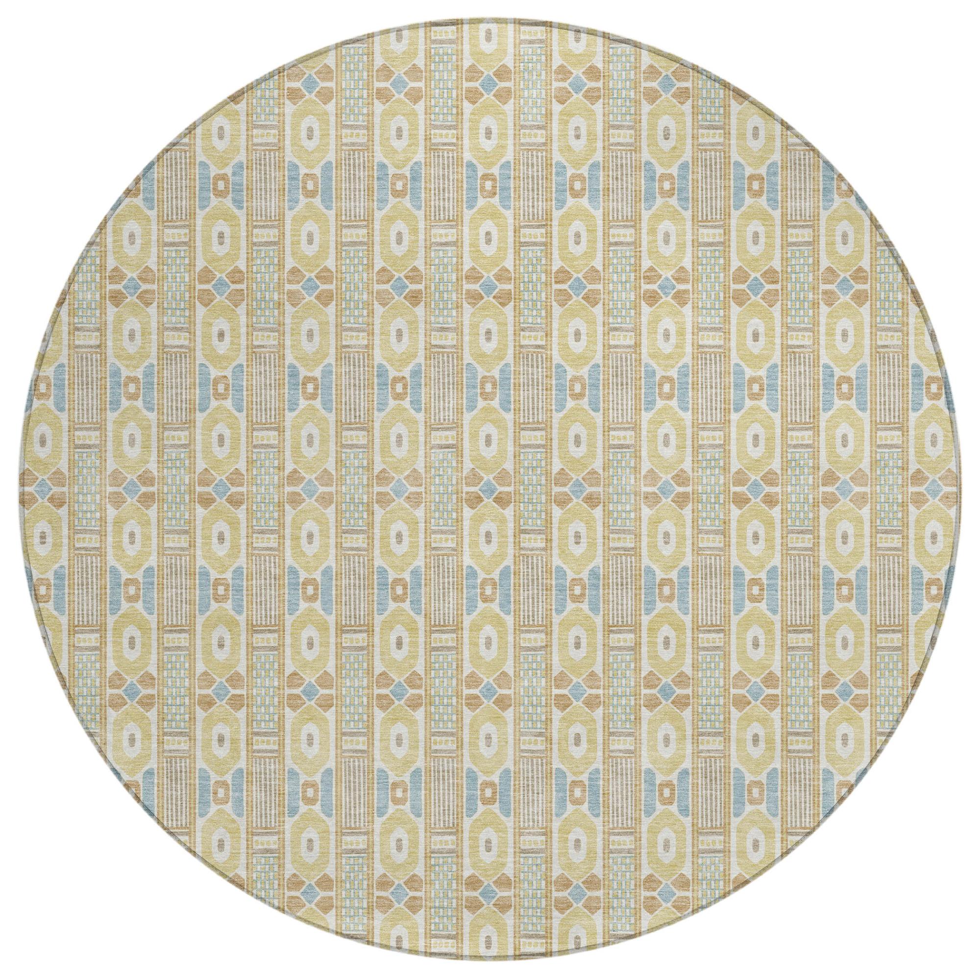 8' Wheat And Gold Round Striped Washable Indoor Outdoor Area Rug Homeroots Outdoor