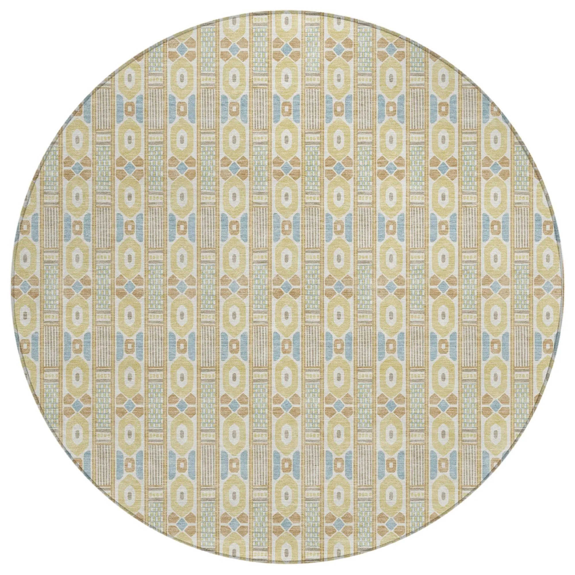 8' Wheat And Gold Round Striped Washable Indoor Outdoor Area Rug Homeroots Outdoor