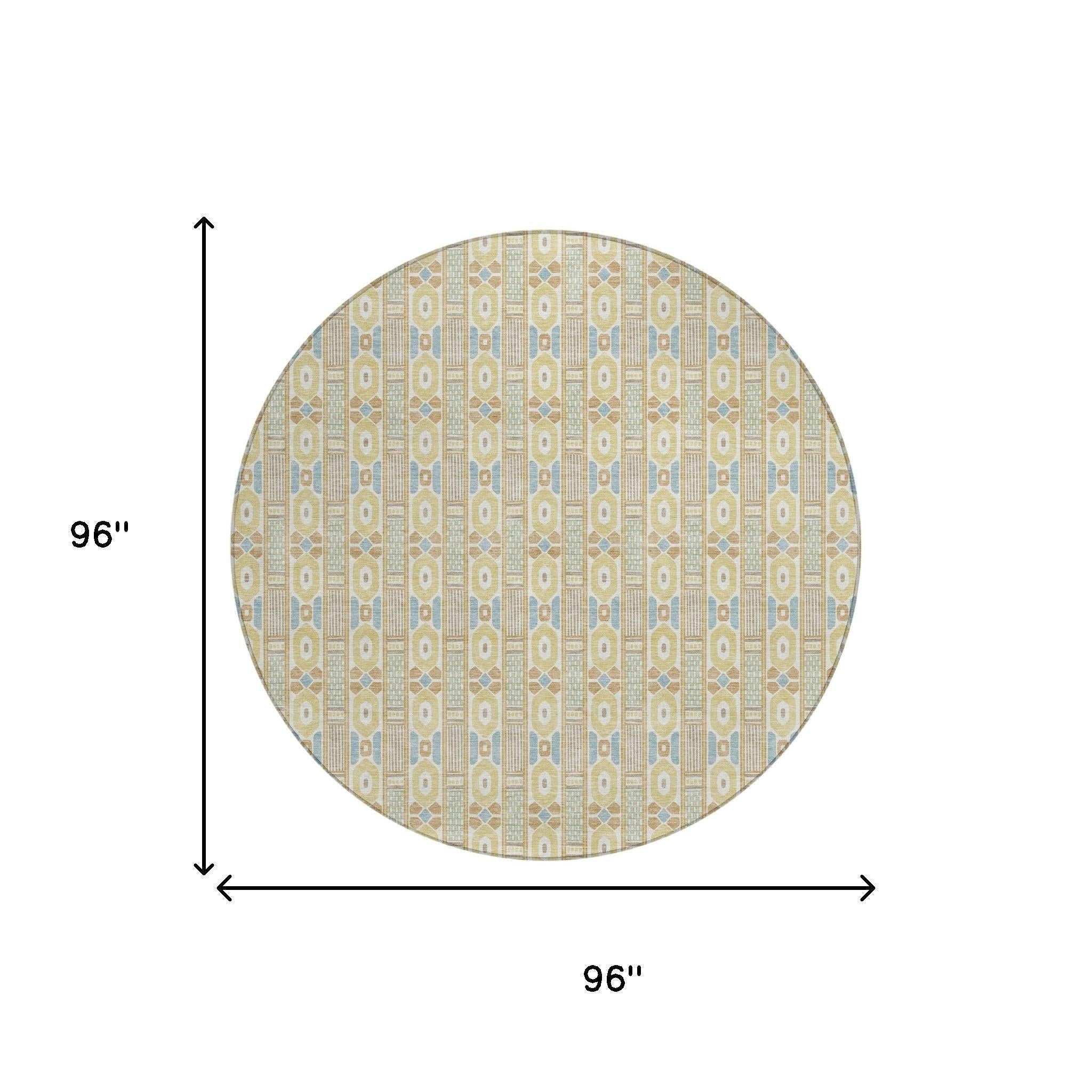 8' Wheat And Gold Round Striped Washable Indoor Outdoor Area Rug Homeroots Outdoor