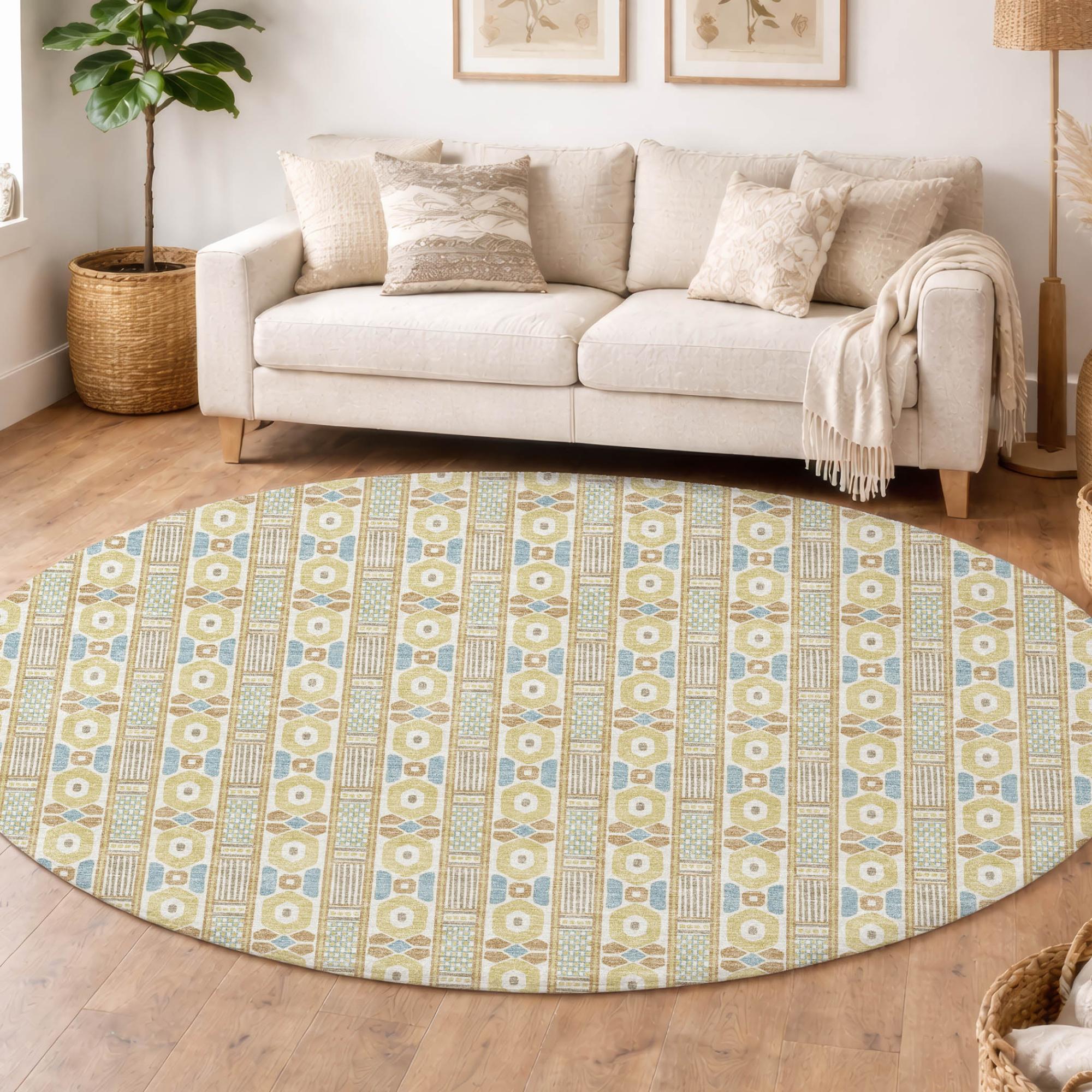 8' Wheat And Gold Round Striped Washable Indoor Outdoor Area Rug Homeroots Outdoor