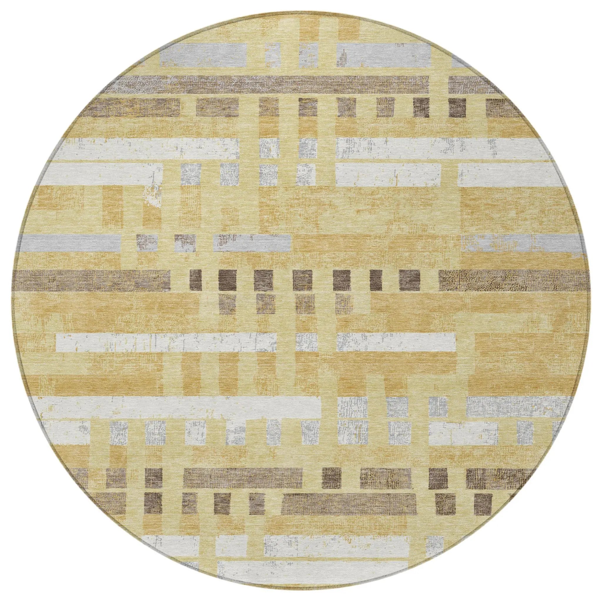 8' Wheat And Gold Round Striped Washable Indoor Outdoor Area Rug Homeroots Outdoor
