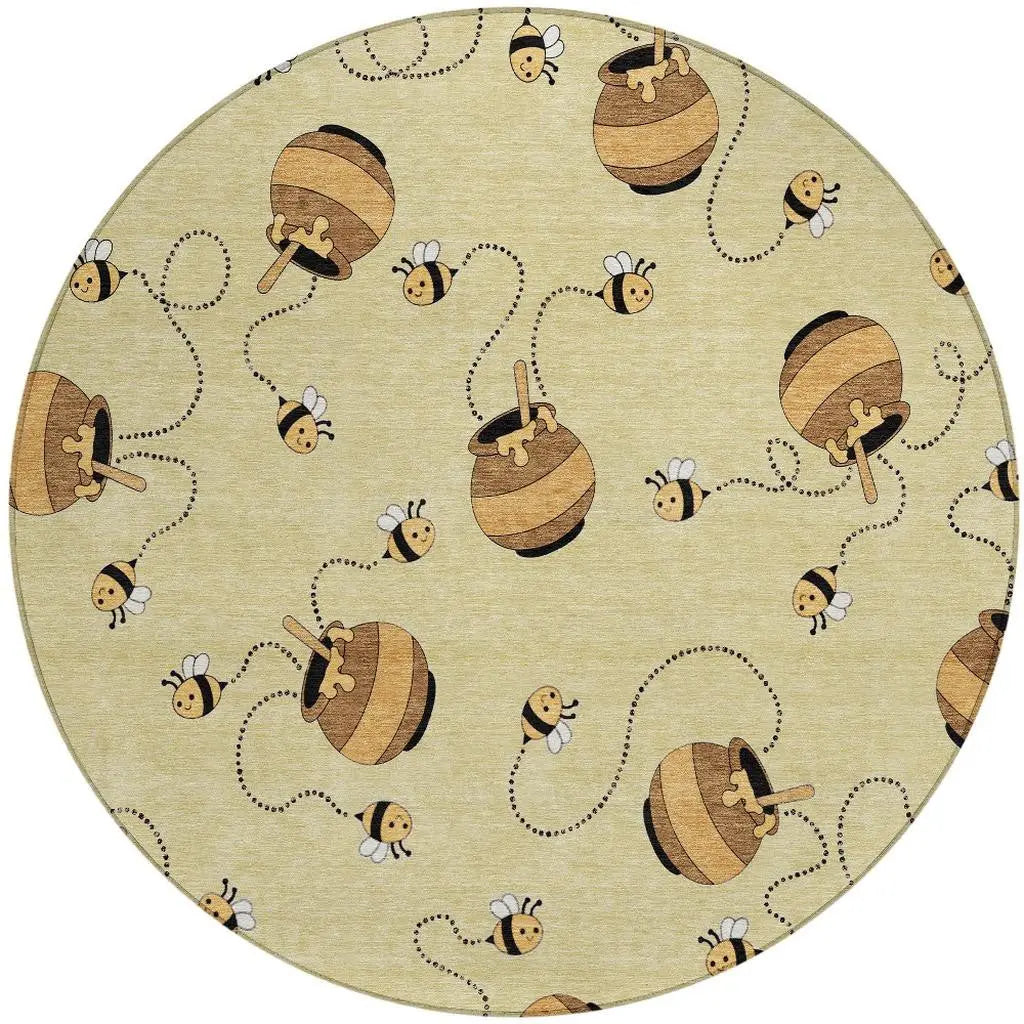 8' Wheat And Ivory Round Geometric Washable Indoor Outdoor Area Rug Homeroots Outdoor