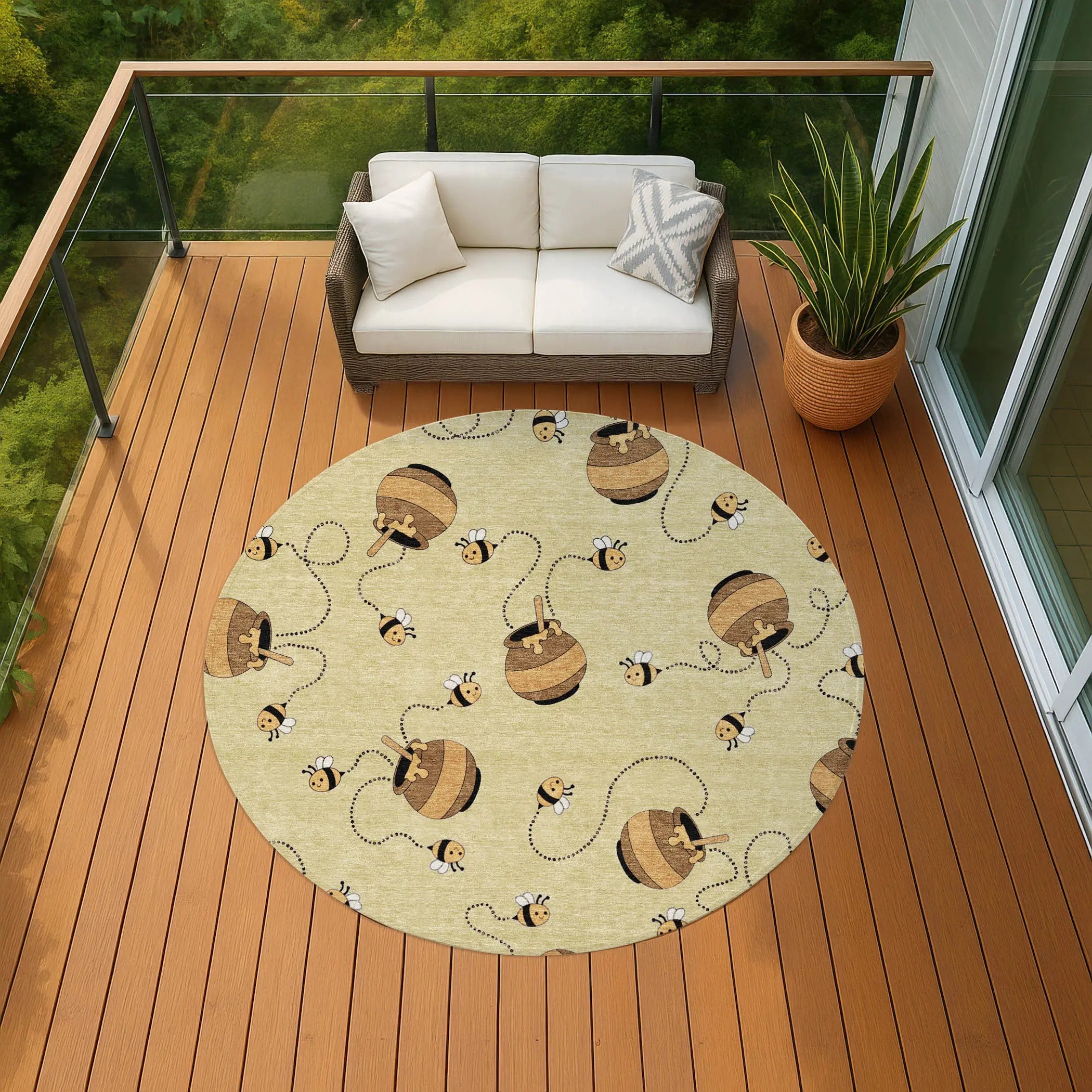 8' Wheat And Ivory Round Geometric Washable Indoor Outdoor Area Rug Homeroots Outdoor