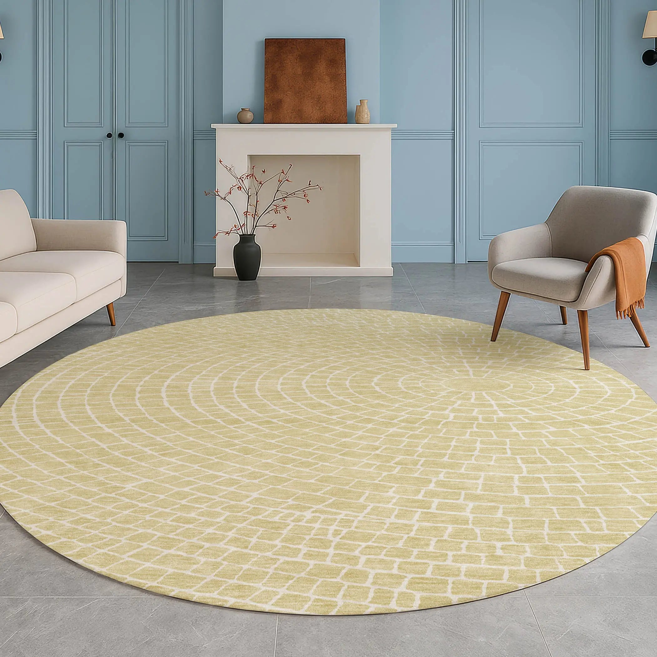 8' Wheat And Ivory Round Geometric Washable Indoor Outdoor Area Rug Homeroots Outdoor