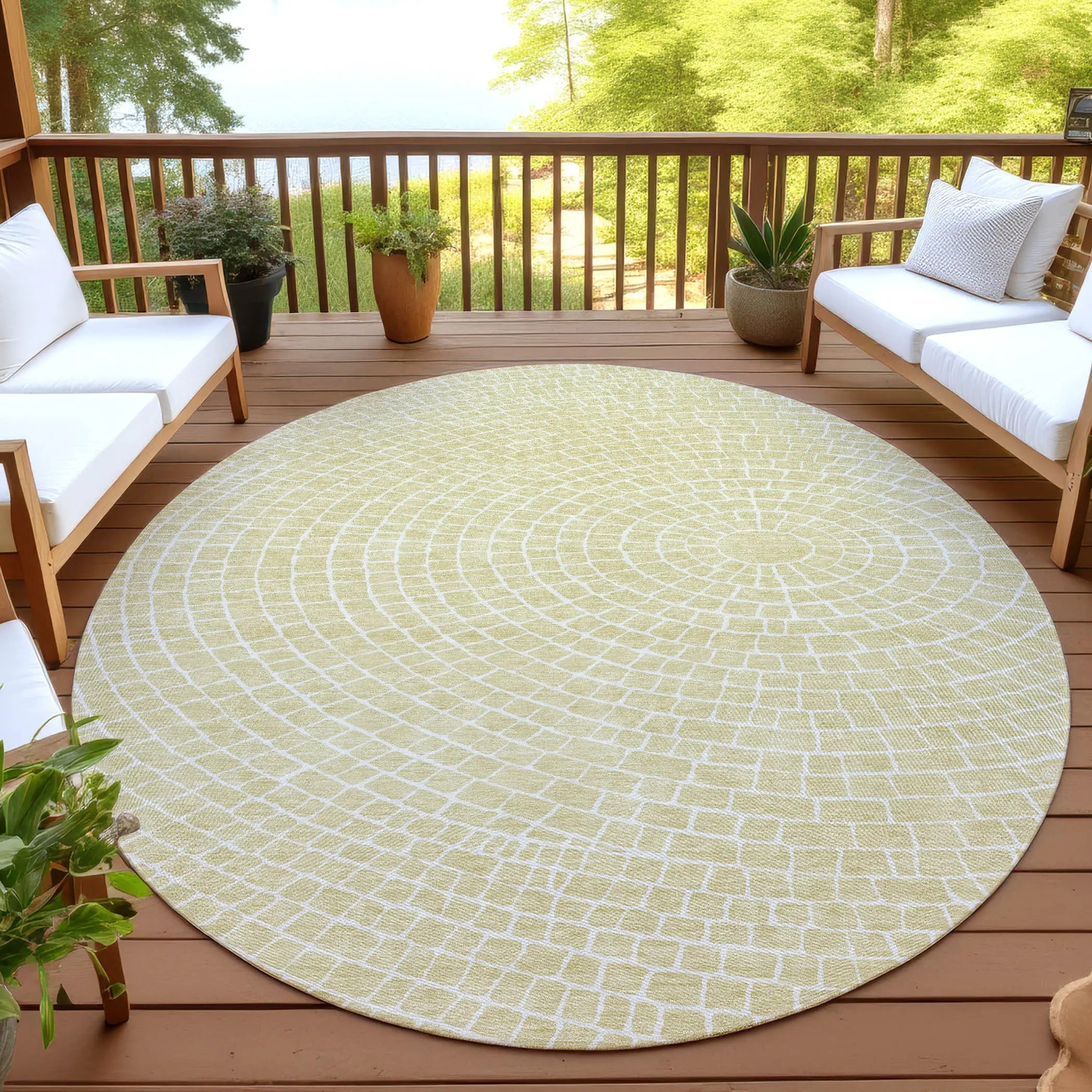 8' Wheat And Ivory Round Geometric Washable Indoor Outdoor Area Rug Homeroots Outdoor