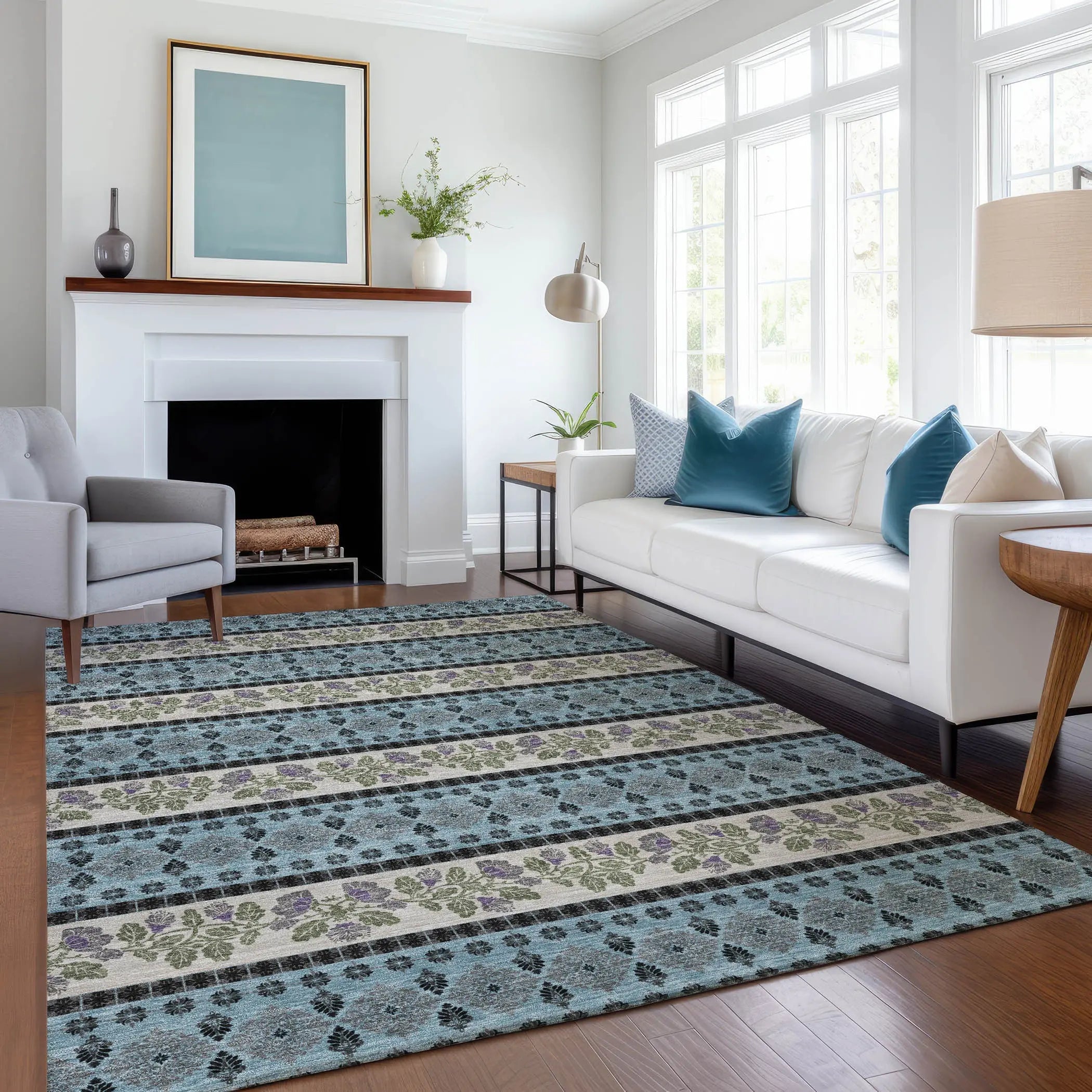 8' X 10' Aqua And Charcoal Striped Washable Indoor Outdoor Area Rug Homeroots Outdoor