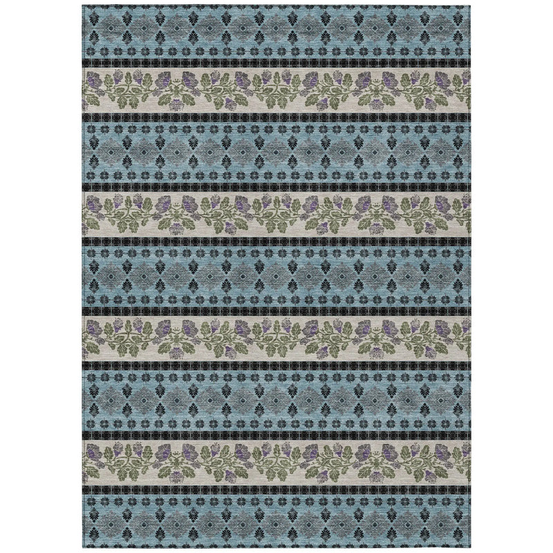 8' X 10' Aqua And Charcoal Striped Washable Indoor Outdoor Area Rug Homeroots Outdoor