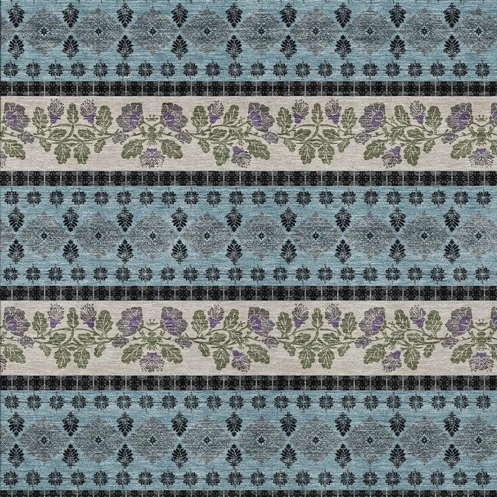 8' X 10' Aqua And Charcoal Striped Washable Indoor Outdoor Area Rug Homeroots Outdoor