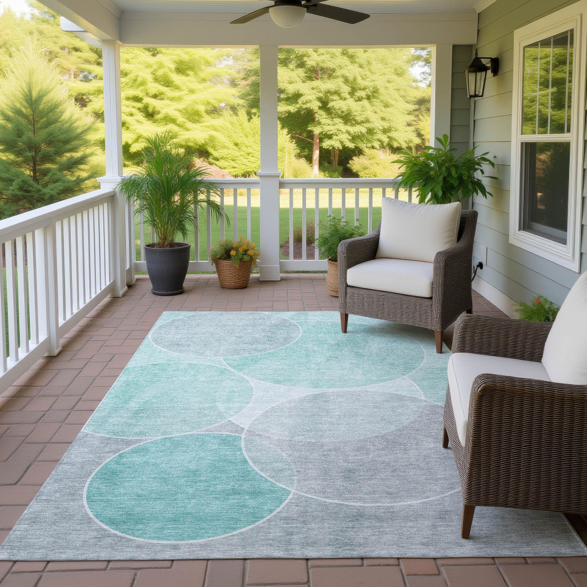 8' X 10' Aqua And Teal Blue Geometric Washable Indoor Outdoor Area Rug Homeroots Outdoor