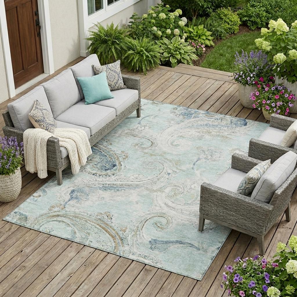 8' X 10' Aqua And Teal Blue Paisley Washable Indoor Outdoor Area Rug Homeroots Outdoor