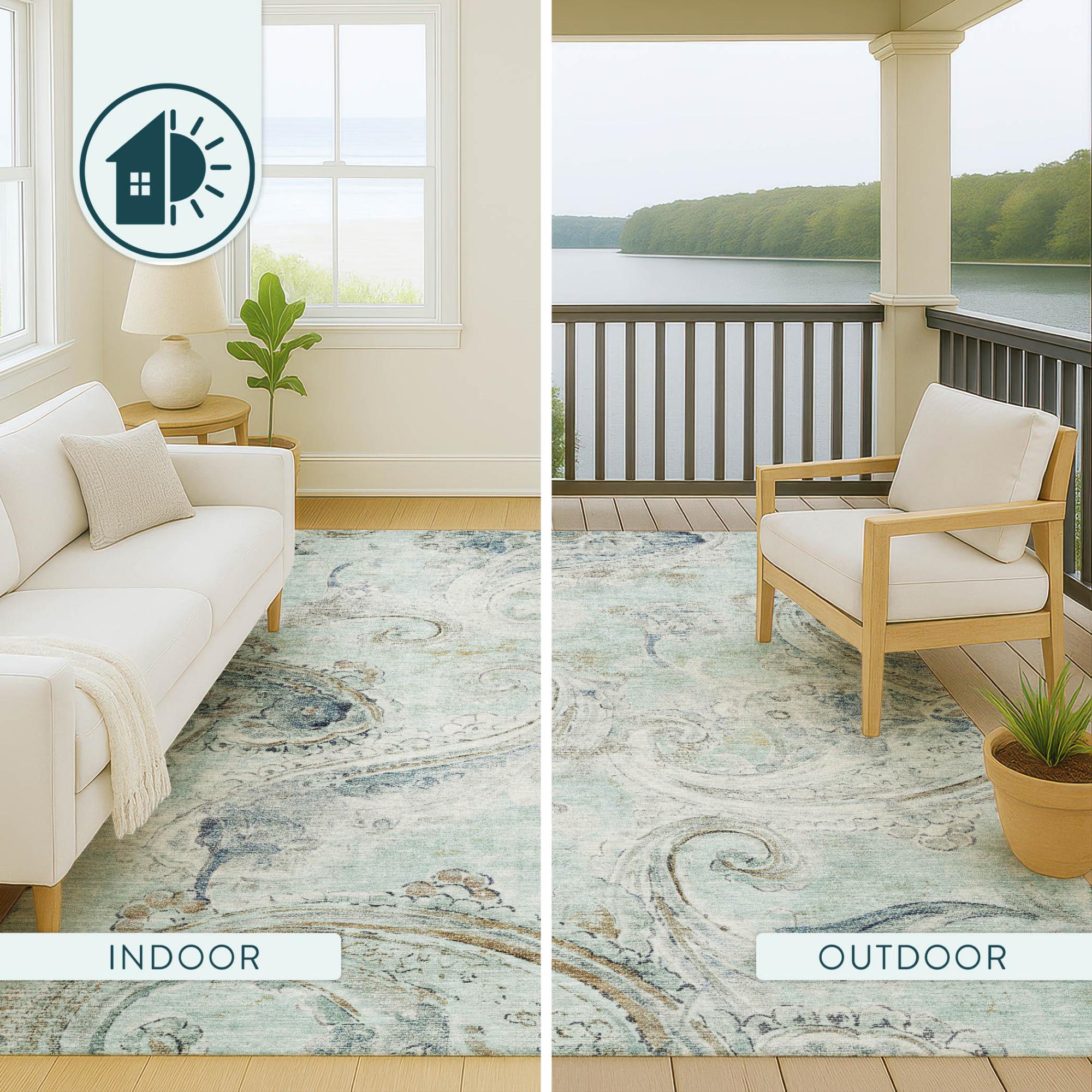 8' X 10' Aqua And Teal Blue Paisley Washable Indoor Outdoor Area Rug Homeroots Outdoor