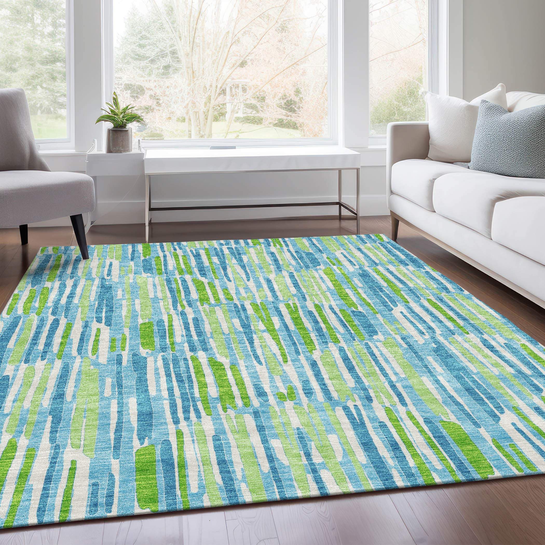 8' X 10' Aqua Teal Blue And Lime Green Abstract Washable Indoor Outdoor Area Rug - GreatEagleInc