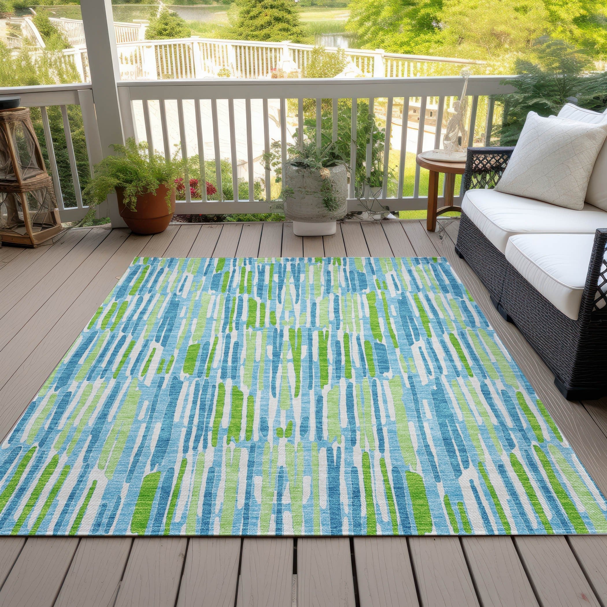 8' X 10' Aqua Teal Blue And Lime Green Abstract Washable Indoor Outdoor Area Rug - GreatEagleInc