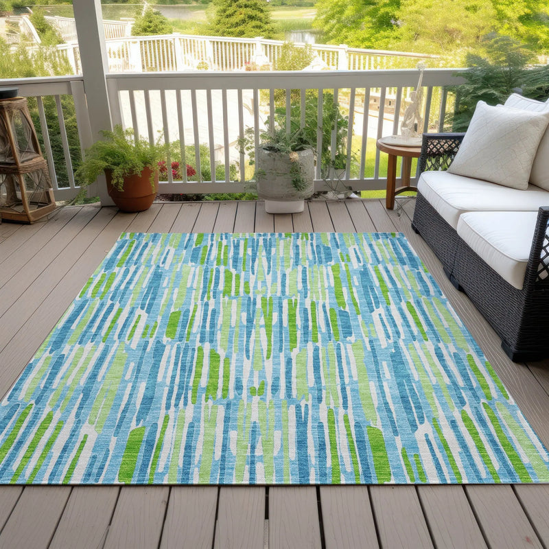 8' X 10' Aqua Teal Blue And Lime Green Abstract Washable Indoor Outdoor Area Rug - GreatEagleInc