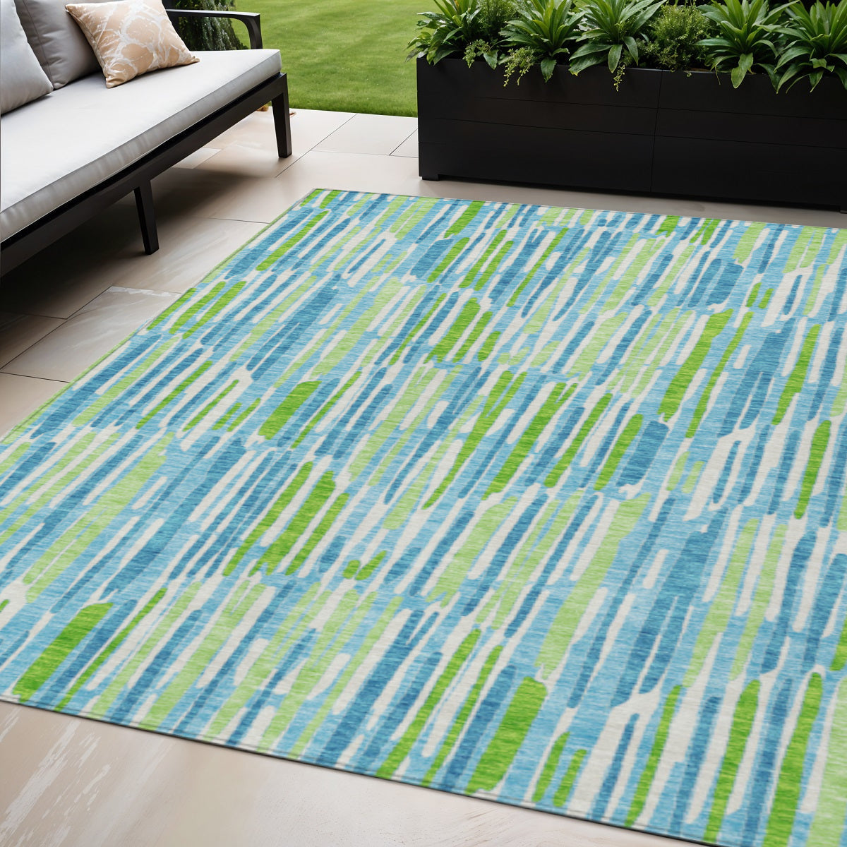 8' X 10' Aqua Teal Blue And Lime Green Abstract Washable Indoor Outdoor Area Rug - GreatEagleInc