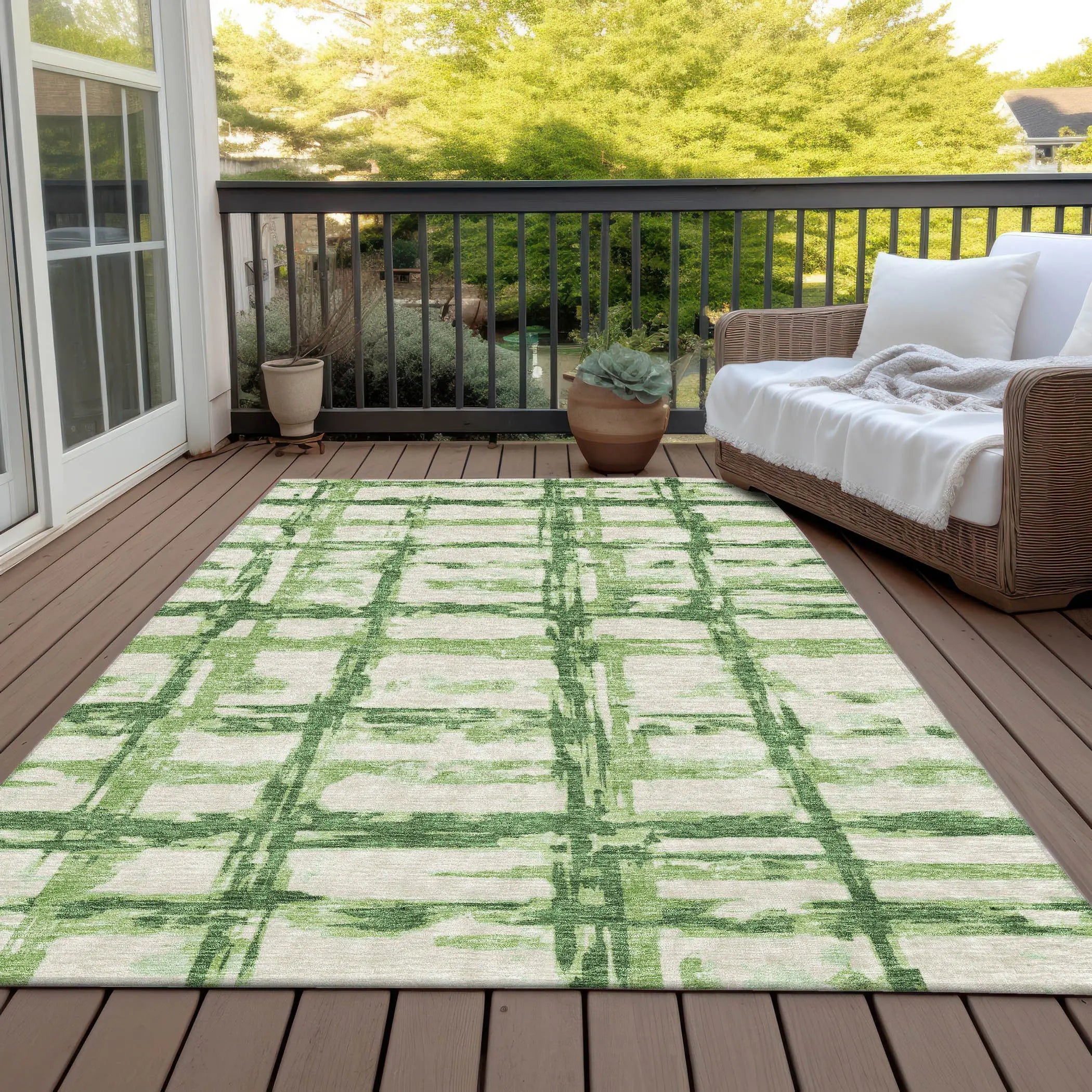8' X 10' Artichoke Green And Emerald Striped Washable Indoor Outdoor Area Rug Homeroots Outdoor