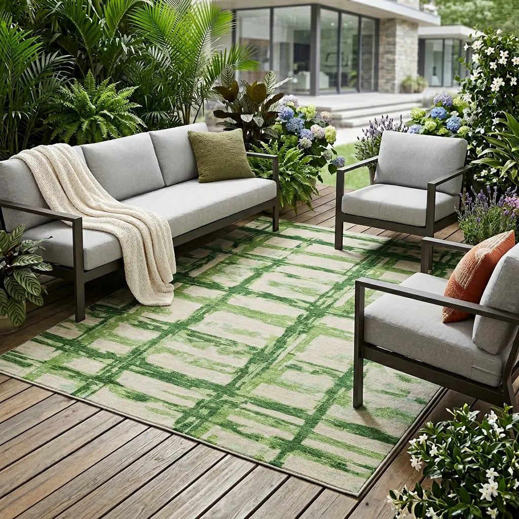 8' X 10' Artichoke Green And Emerald Striped Washable Indoor Outdoor Area Rug Homeroots Outdoor
