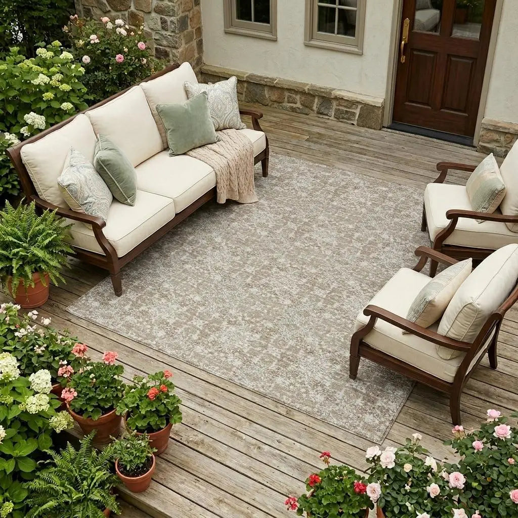 8' X 10' Beige And Brown Damask Washable Indoor Outdoor Area Rug Homeroots Outdoor