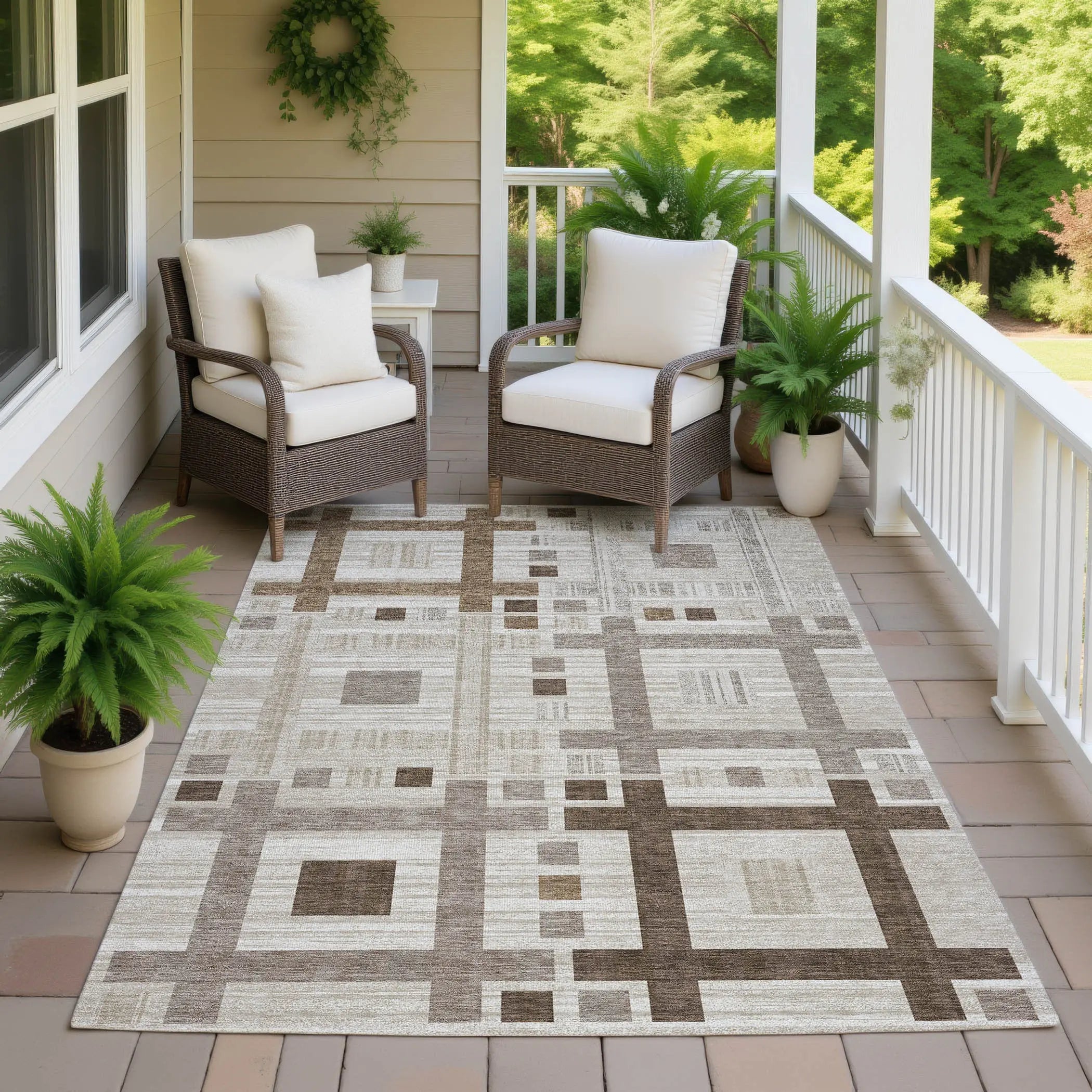 8' X 10' Beige And Brown Geometric Washable Indoor Outdoor Area Rug Homeroots Outdoor