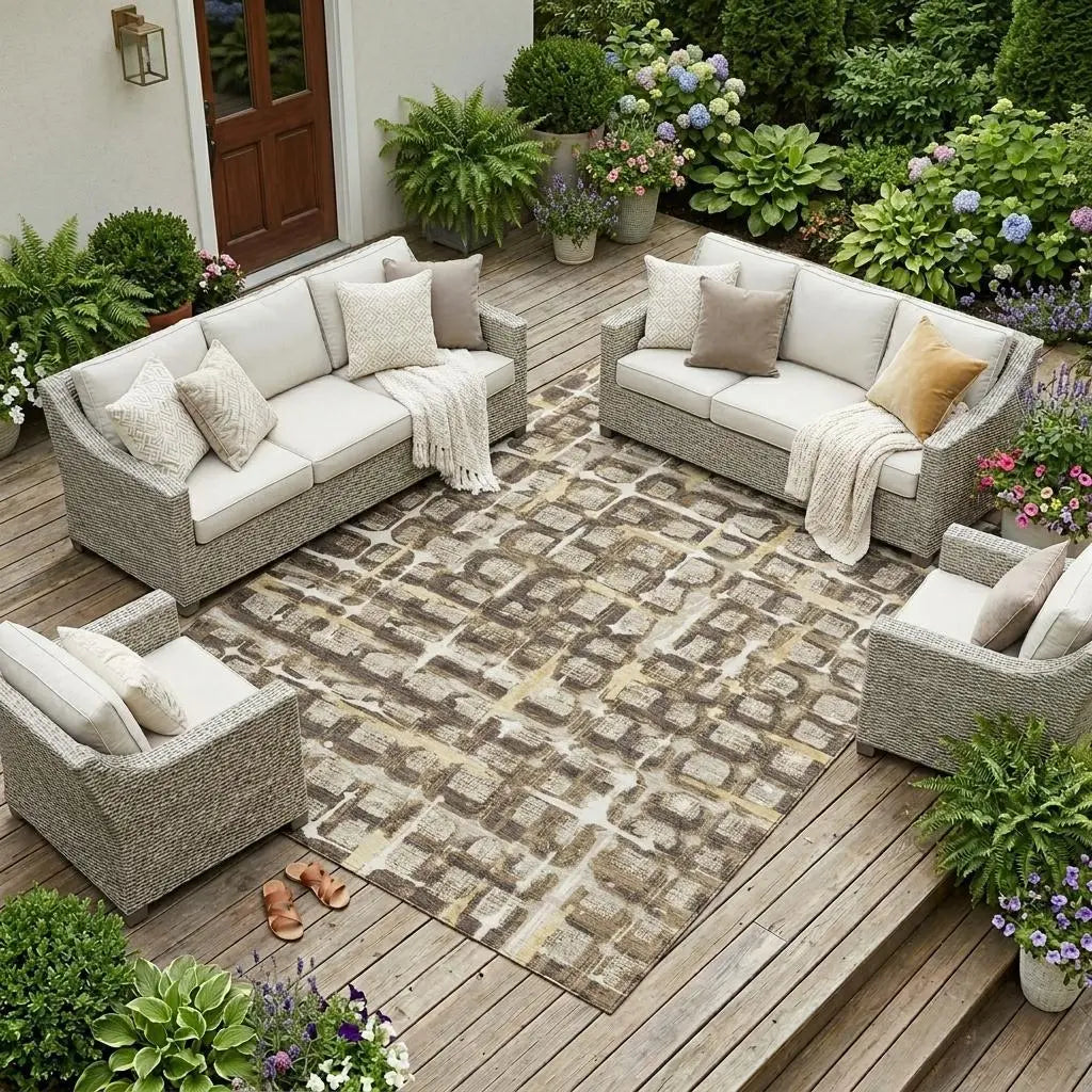 8' X 10' Beige And Brown Geometric Washable Indoor Outdoor Area Rug Homeroots Outdoor