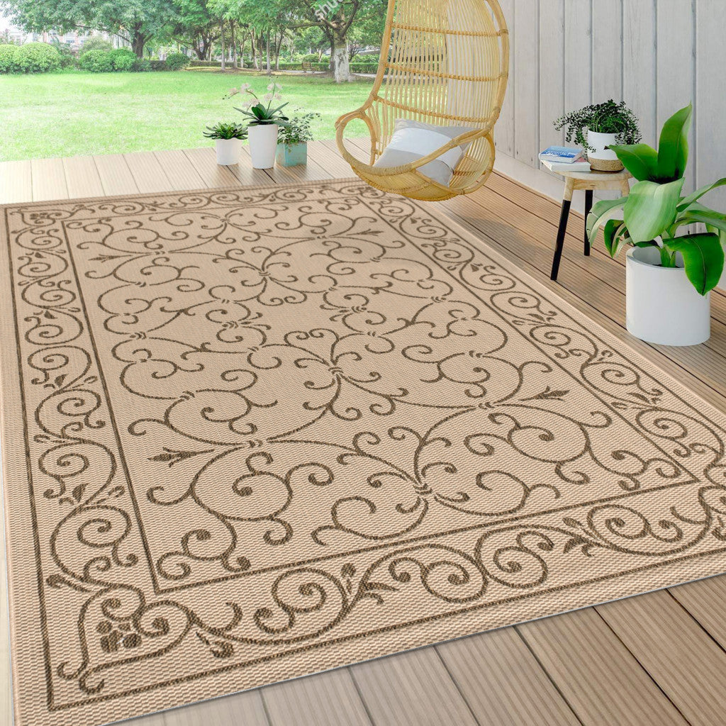 8' X 10' Beige And Brown Medallion Indoor Outdoor Area Rug Homeroots Outdoor
