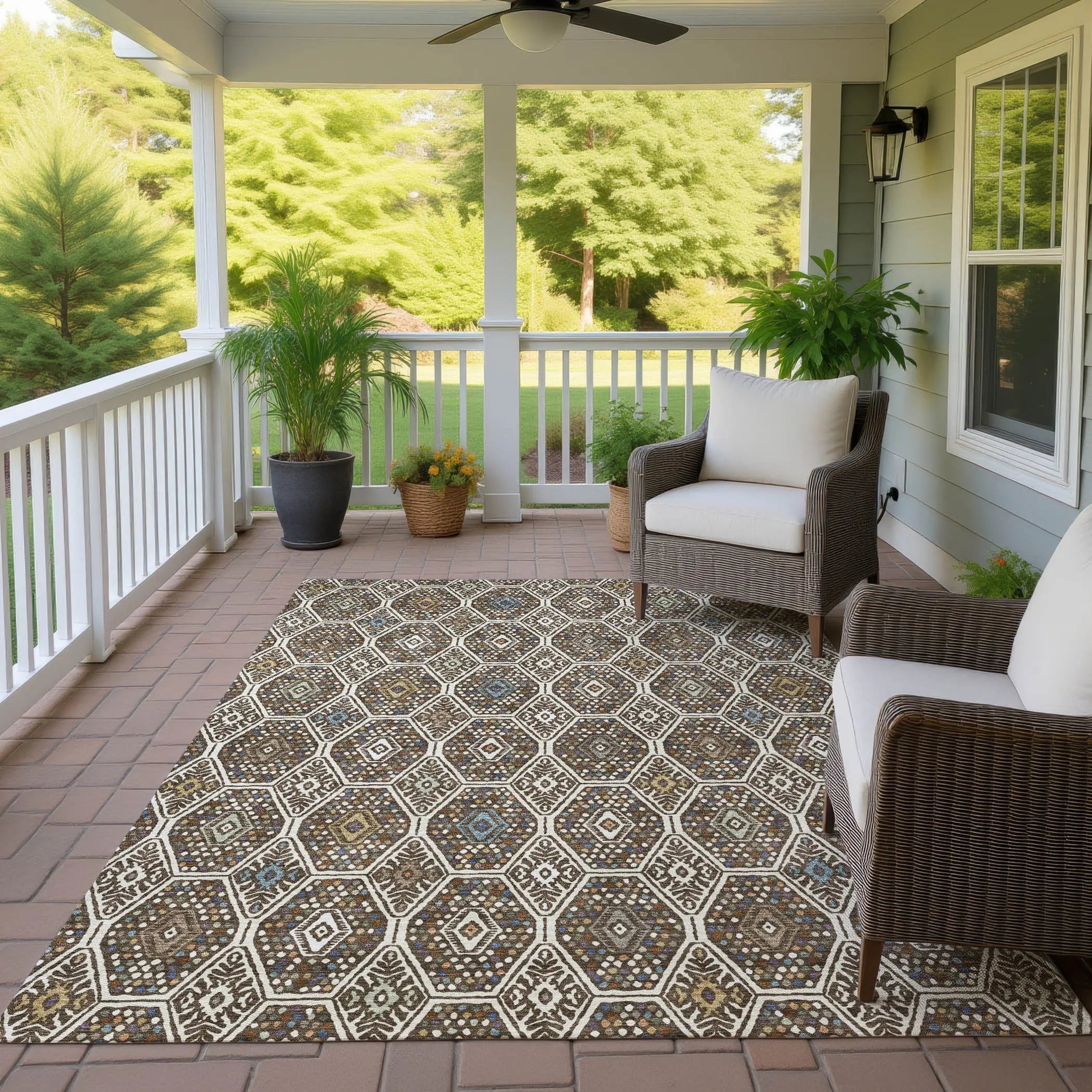 8' X 10' Beige And Chocolate Geometric Washable Indoor Outdoor Area Rug Homeroots Outdoor