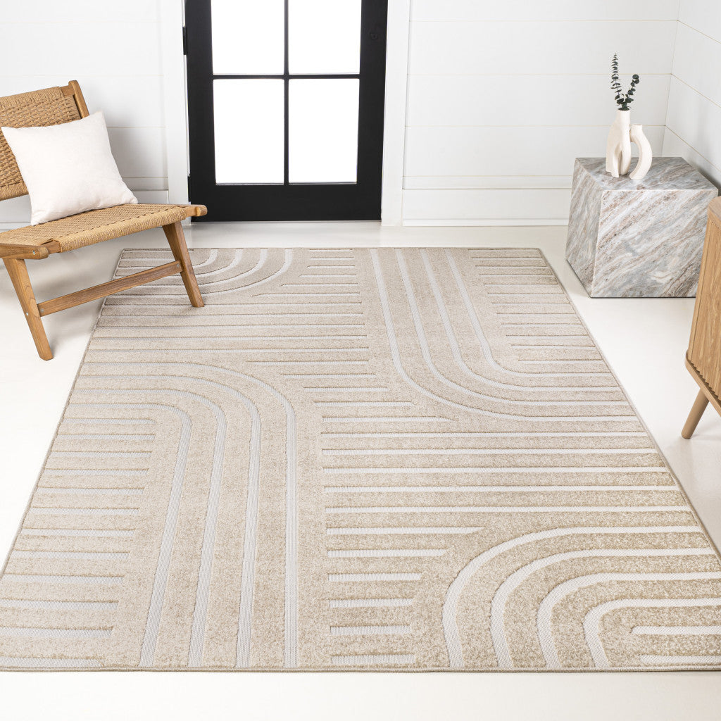 8' X 10' Beige And Cream Striped Indoor Outdoor Area Rug - GreatEagleInc