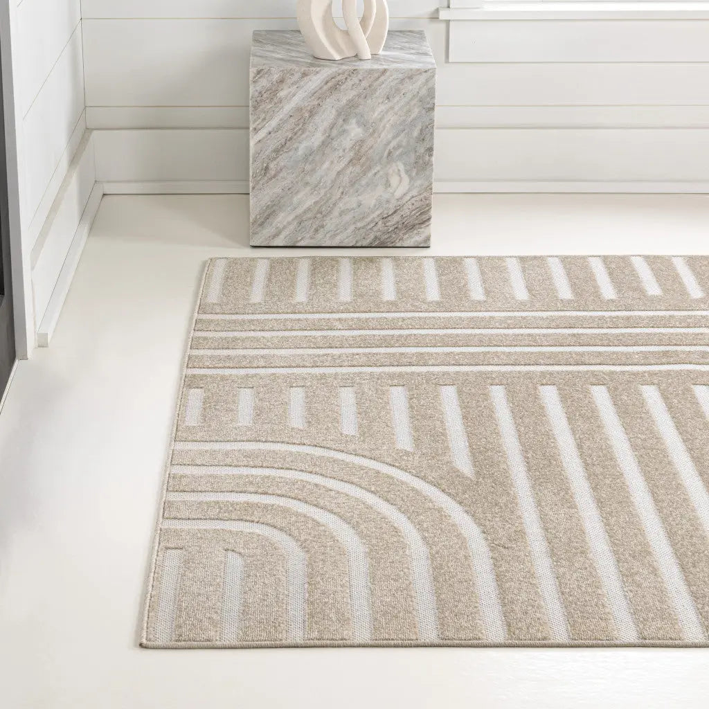 8' X 10' Beige And Cream Striped Indoor Outdoor Area Rug - GreatEagleInc