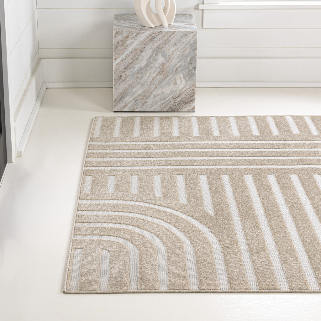 8' X 10' Beige And Cream Striped Indoor Outdoor Area Rug - GreatEagleInc