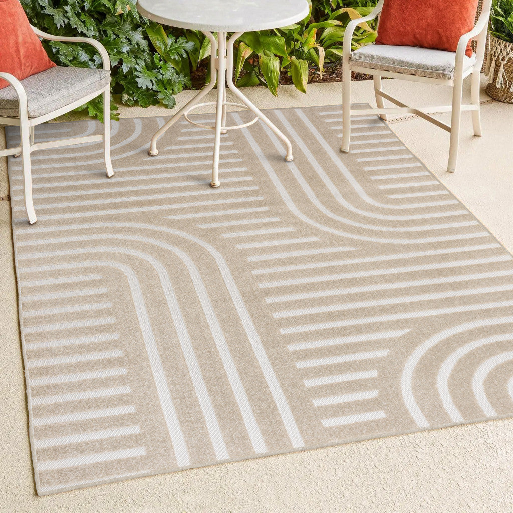 8' X 10' Beige And Cream Striped Indoor Outdoor Area Rug - GreatEagleInc