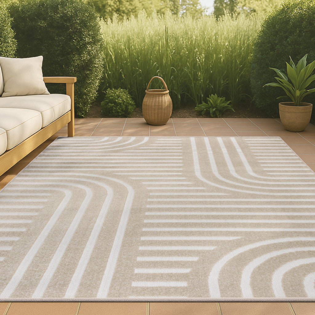 8' X 10' Beige And Cream Striped Indoor Outdoor Area Rug - GreatEagleInc