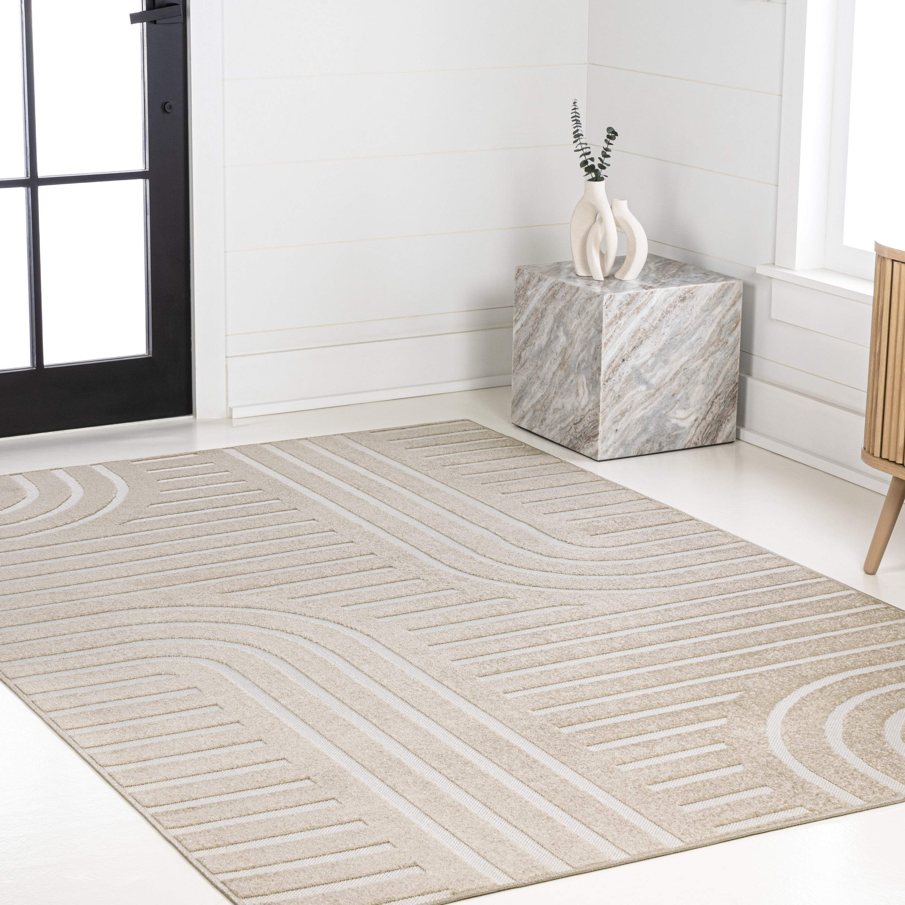 8' X 10' Beige And Cream Striped Indoor Outdoor Area Rug - GreatEagleInc