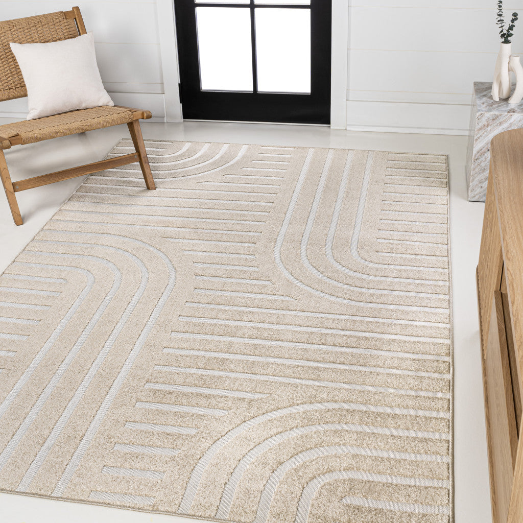 8' X 10' Beige And Cream Striped Indoor Outdoor Area Rug - GreatEagleInc