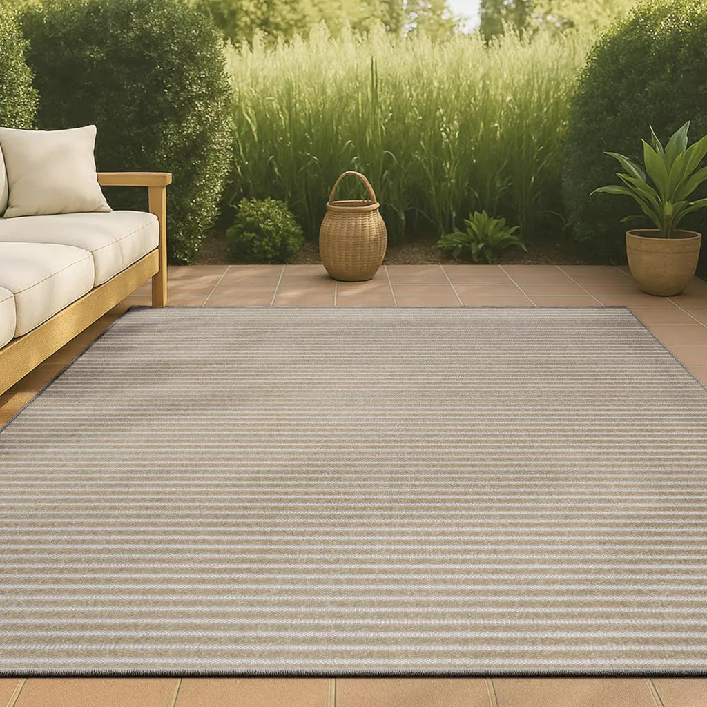 8' X 10' Beige And Cream Striped Indoor Outdoor Area Rug - GreatEagleInc