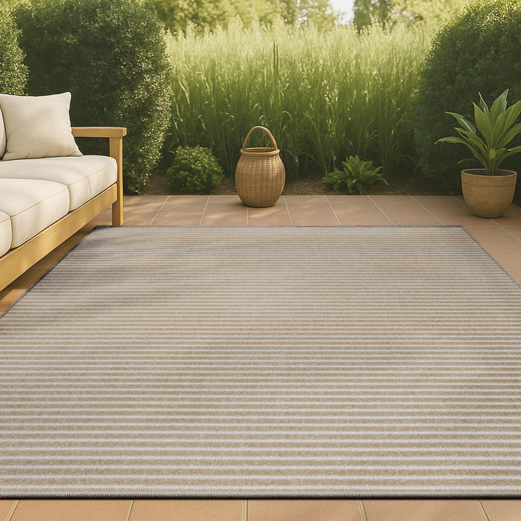 8' X 10' Beige And Cream Striped Indoor Outdoor Area Rug - GreatEagleInc