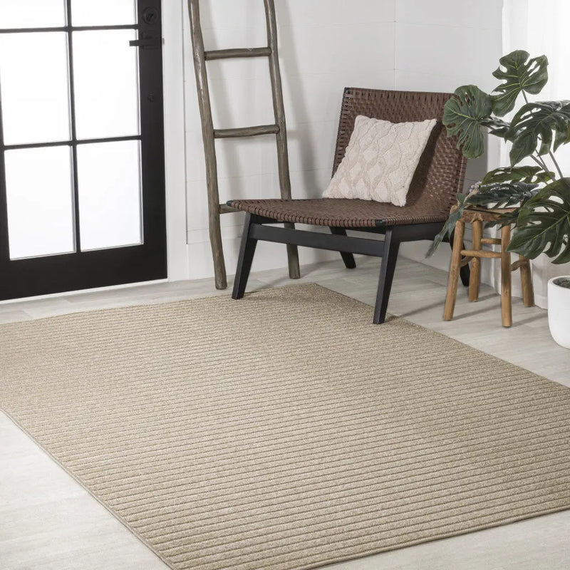 8' X 10' Beige And Cream Striped Indoor Outdoor Area Rug - GreatEagleInc