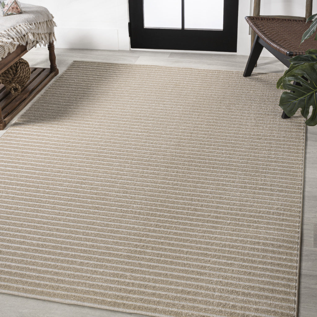 8' X 10' Beige And Cream Striped Indoor Outdoor Area Rug - GreatEagleInc