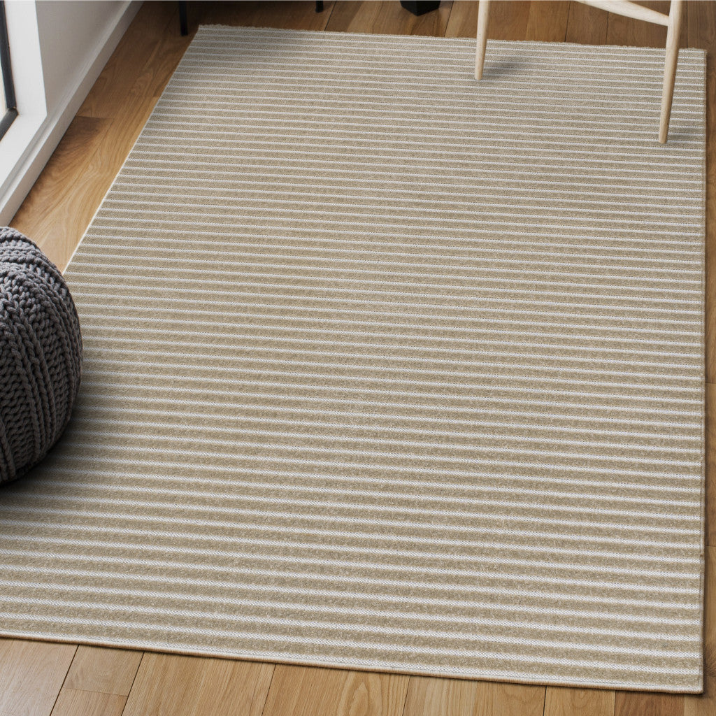 8' X 10' Beige And Cream Striped Indoor Outdoor Area Rug - GreatEagleInc