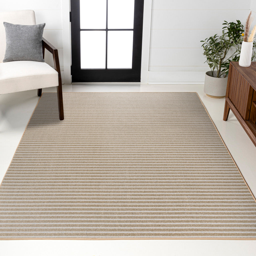 8' X 10' Beige And Cream Striped Indoor Outdoor Area Rug - GreatEagleInc
