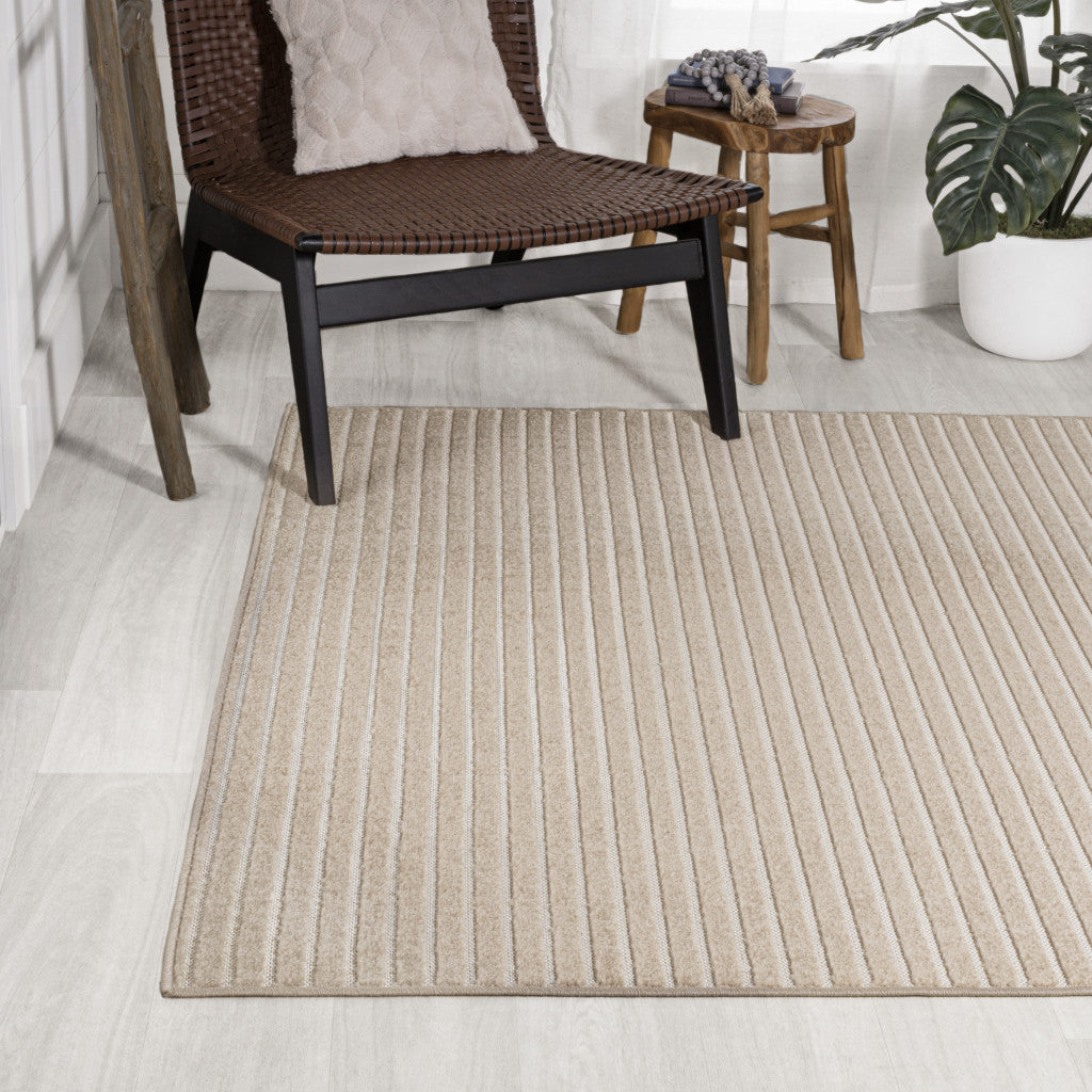 8' X 10' Beige And Cream Striped Indoor Outdoor Area Rug - GreatEagleInc